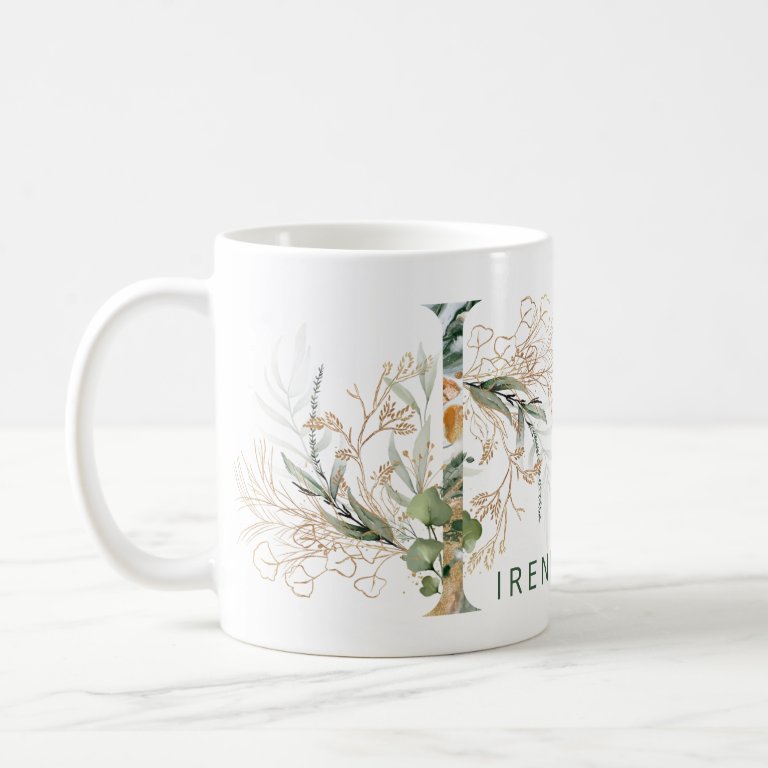 Custom Gold Botanical Eucalyptus Monogram                    &quot;I&quot; Coffee Mug