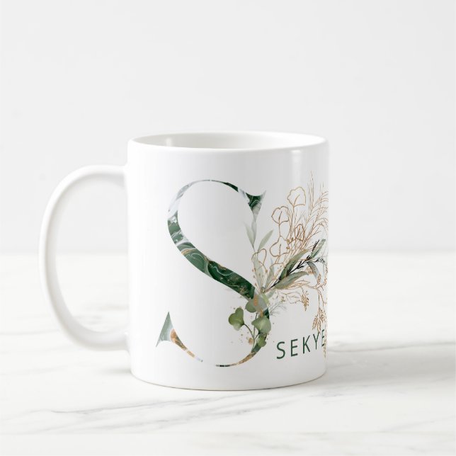 Custom Gold Botanical Eucalyptus Monogram "S" Coffee Mug (Left)