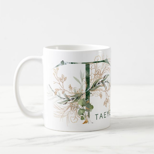 Custom Gold Botanical Eucalyptus Monogram "T" Coffee Mug (Left)