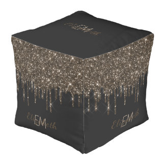 Custom Gold Brown Glitter Monogram Name Template Pouf