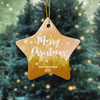 Custom Gold Brown Snow Forest Christmas Star Ceramic Ornament