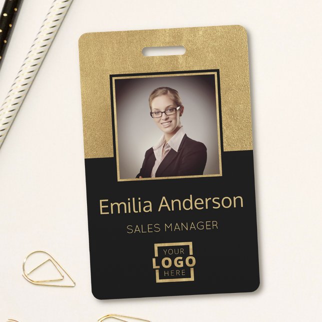Custom Gold Business Logo Barcode Employee Photo Badge (Creator Uploaded)