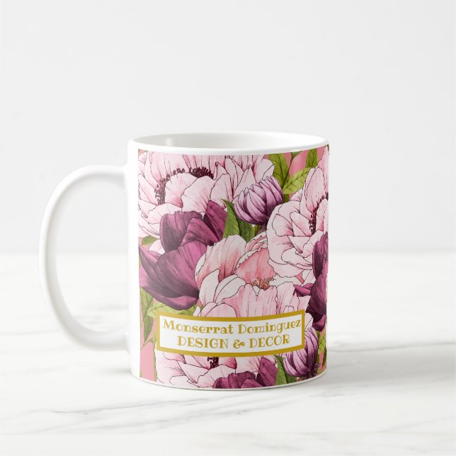 Custom Gold Business Name Elegant Pink Peony Coffee Mug (Left)