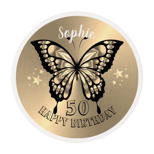 Custom Gold Butterfly Cupcake Toppers Edible Frosting Rounds (Front)