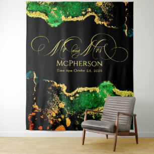 Custom Gold Calligraphy Green Black Wedding Photo Tapestry