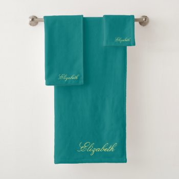 Custom Gold Calligraphy Name Teal Blue Template Bath Towel Set by art_grande at Zazzle