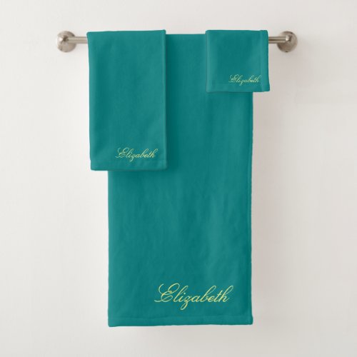 Custom Gold Calligraphy Name Teal Blue Template Bath Towel Set