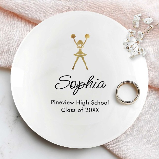 Custom Gold Cheer Competitive Spirit Graduation Trinket Tray (Personalized gold cheer graduation trinket tray with name and class year)