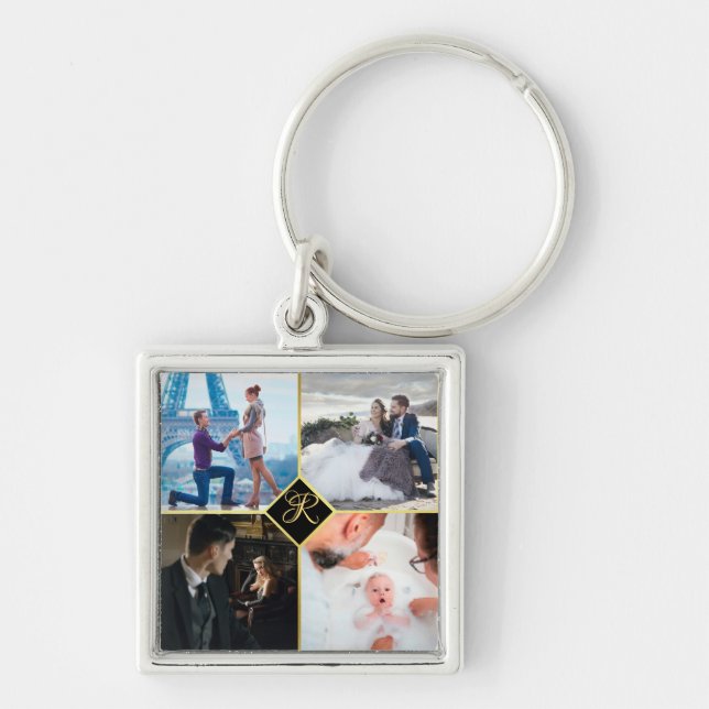 Custom Gold Chic, 4 Family Photo Collage Monogram  Keychain (Front)