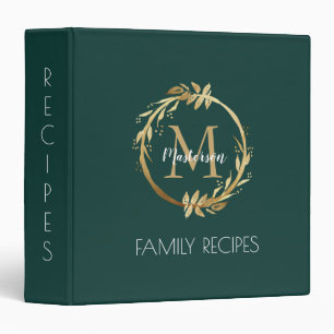 Custom Gold Emerald Green Monogram Family Recipes 3 Ring Binder