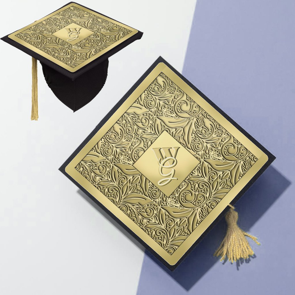 Custom Gold Engraved Floral Monogram Graduation Cap Topper