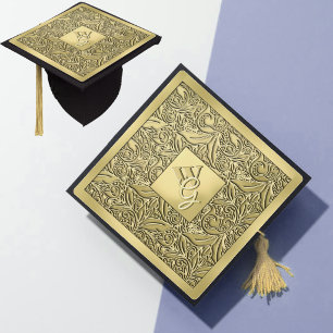 Custom Gold Engraved Floral Monogram Graduation Cap Topper