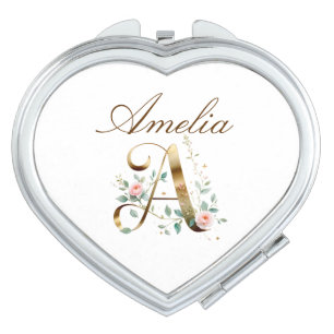 Custom Gold Floral Letter A Heart Mirror