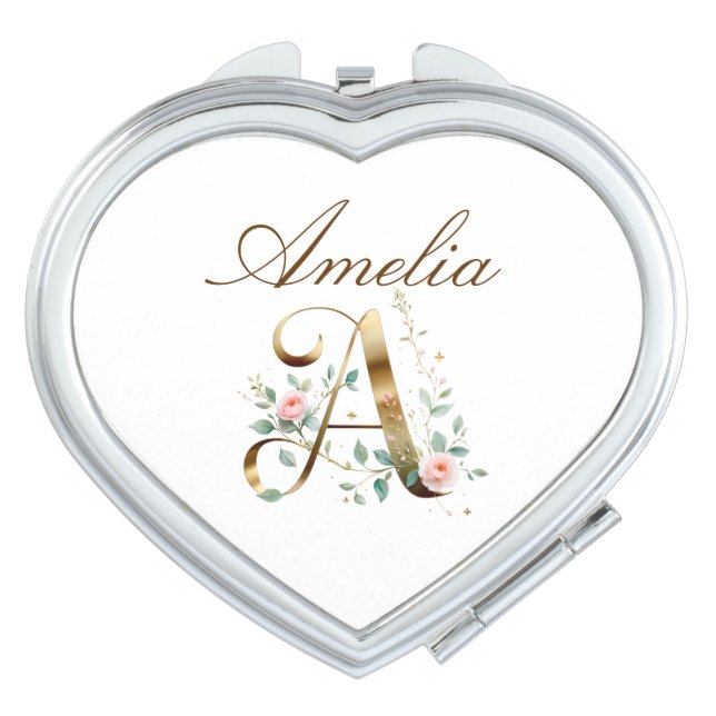 Custom Gold Floral Letter A Heart Mirror (Front)
