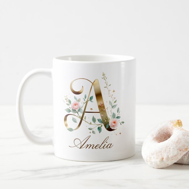 Custom Gold Floral Letter A Monogram Mug (With Donut)