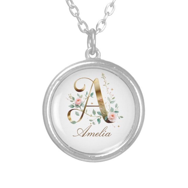 Custom Gold Floral Letter A Monogram Necklace (Front)