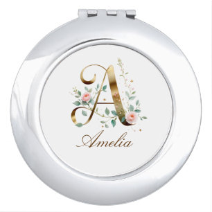 Custom Gold Floral Letter A Round Mirror