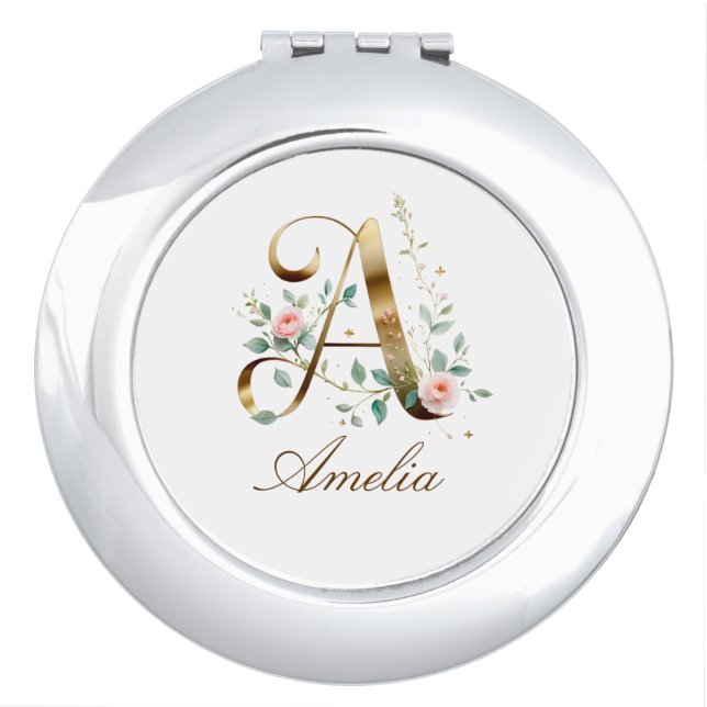 Custom Gold Floral Letter A Round Mirror (Front)