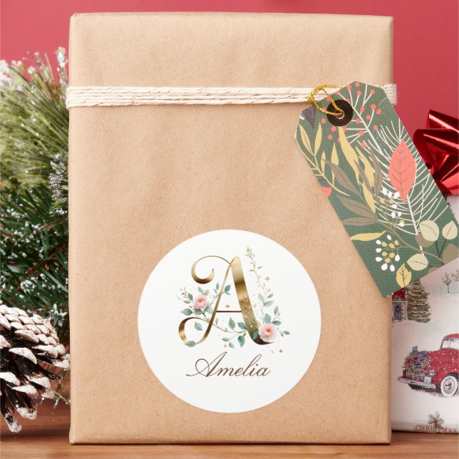 Custom Gold Floral Letter A Round Sticker (Holiday)