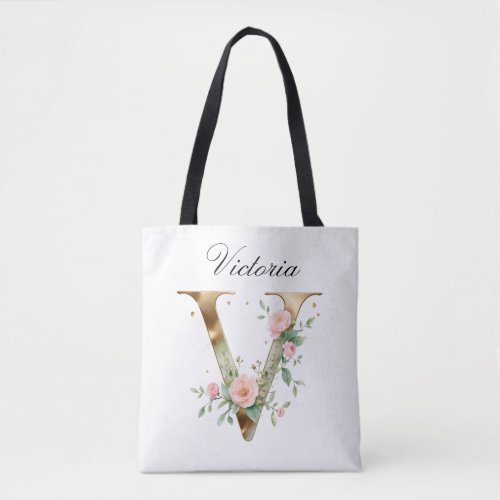 Custom Gold Floral Letter V All-Over Print Tote Bag