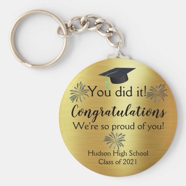 Custom Gold Foil and Fireworks Graduate Keychain (Front)