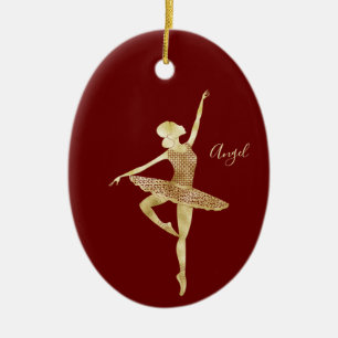 Custom Gold Foil Ballerina Dance Dark Red Ceramic Ornament