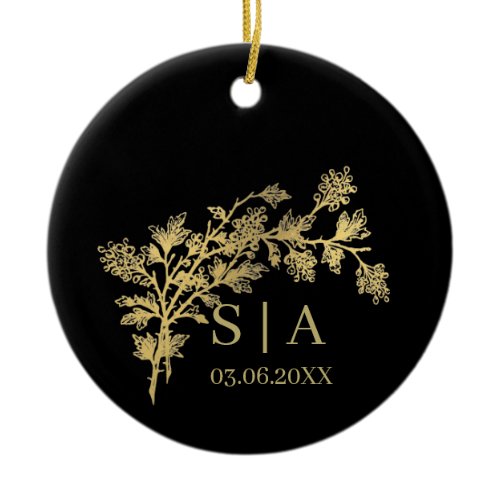 Custom Gold Foil Luxury Botanical Monogram Modern Ceramic Ornament