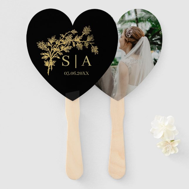 Custom Gold Foil Luxury Botanical Monogram Modern  Hand Fan (Front and Back)