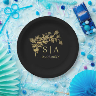 Custom Gold Foil Luxury Botanical Monogram Modern  Paper Plates