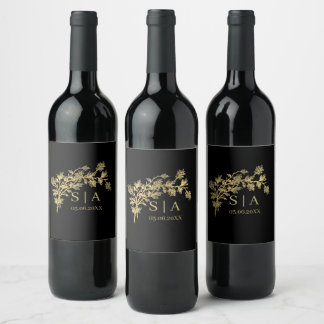 Custom Gold Foil Luxury Botanical Monogram Modern Wine Label