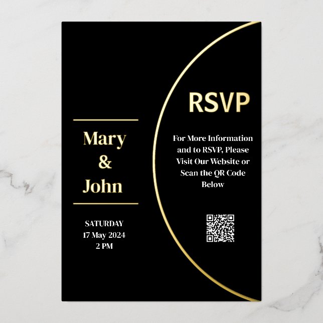 Custom Gold Foil Modern Black and White Wedding Invitation (Front)