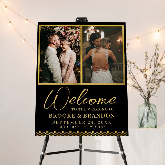 Custom Gold Geometric Frame Script Wedding Welcome Foam Board (In Situ (Stand))