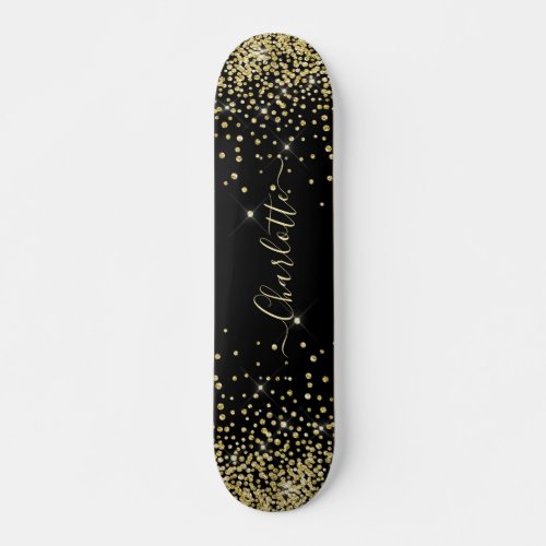 Custom Gold Glitter Black Script Signature Name Skateboard