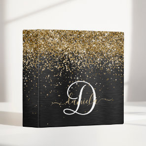 Custom Gold Glitter Black Sparkle Monogram 3 Ring Binder