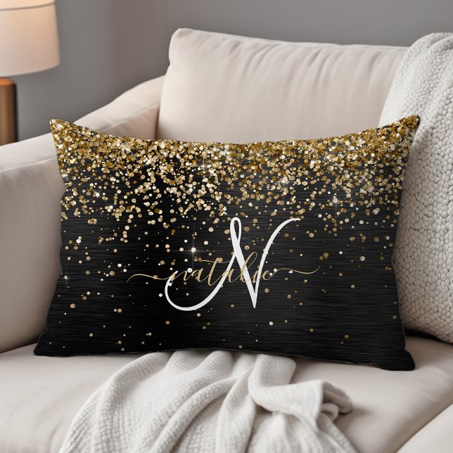 Custom Gold Glitter Black Sparkle Monogram Accent Pillow (Creator Uploaded)