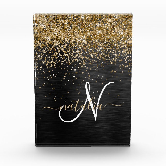 Custom Gold Glitter Black Sparkle Monogram Acrylic Award (Front)