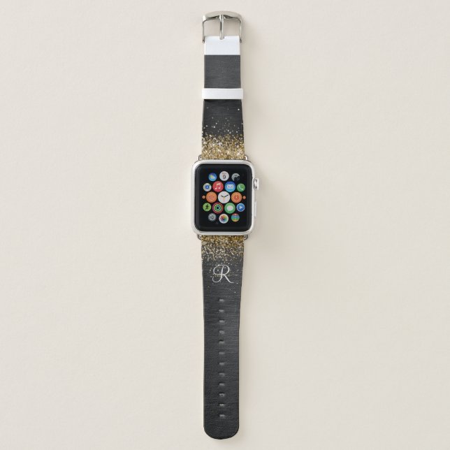 Custom Gold Glitter Black Sparkle Monogram Apple Watch Band (Front)