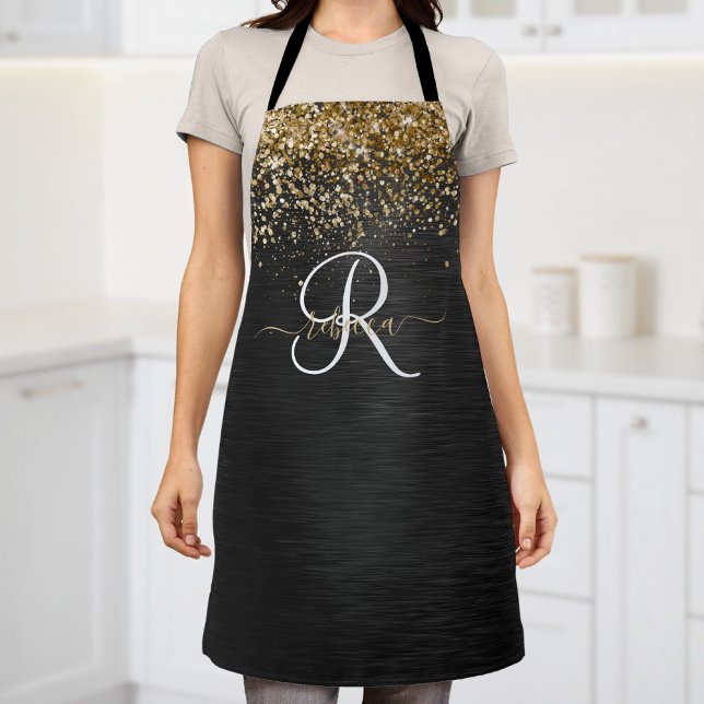 Custom Gold Glitter Black Sparkle Monogram Apron (Creator Uploaded)