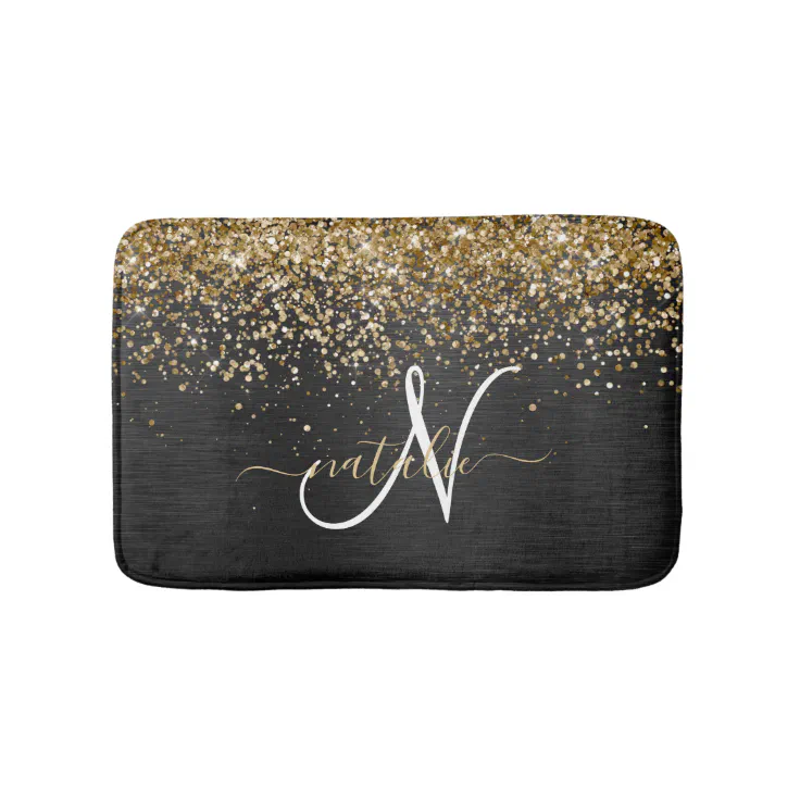 Custom Gold Glitter Black Sparkle Monogram Bath Mat Zazzle