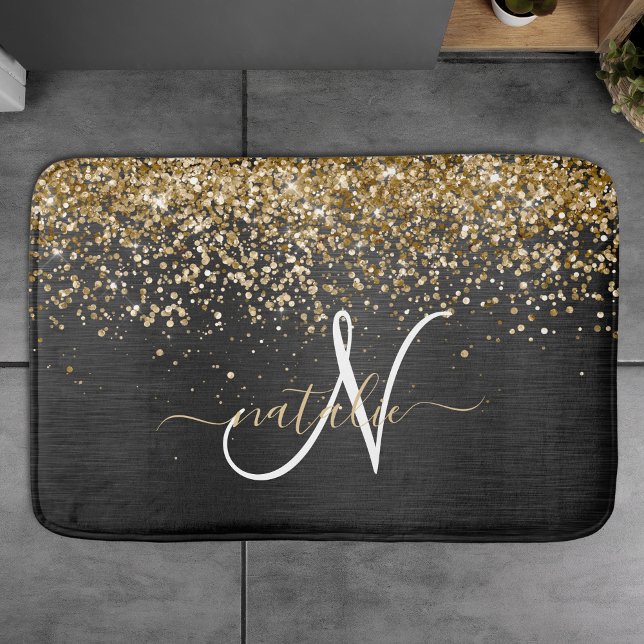 Custom Gold Glitter Black Sparkle Monogram Bath Mat (Creator Uploaded)