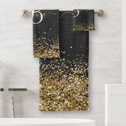 Custom Gold Glitter Black Sparkle Monogram Bath Towel Set