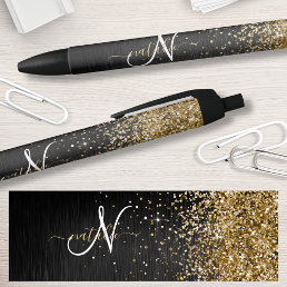 Custom Gold Glitter Black Sparkle Monogram Black Ink Pen