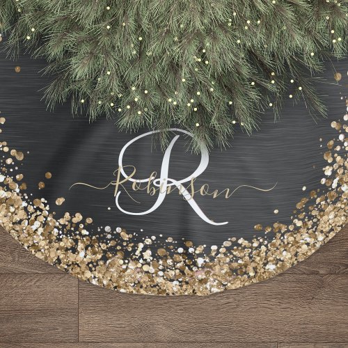 Custom Gold Glitter Black Sparkle Monogram Brushed Polyester Tree Skirt