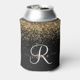 Custom Gold Glitter Black Sparkle Monogram Can Cooler