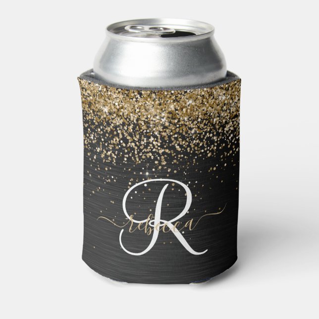 Custom Gold Glitter Black Sparkle Monogram Can Cooler (Can Back)