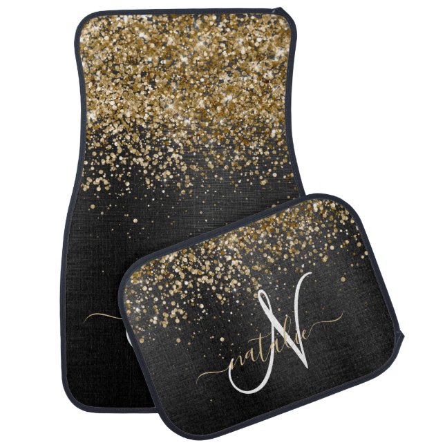 Custom Gold Glitter Black Sparkle Monogram Car Floor Mat (Set)