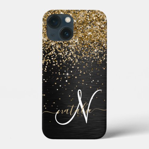 Custom Gold Glitter Black Sparkle Monogram iPhone 13 Mini Case