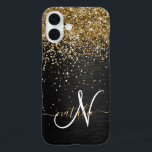 Custom Gold Glitter Black Sparkle Monogram iPhone 16 Plus Case<br><div class="desc">Easily personalize this trendy elegant phone case design featuring pretty gold sparkling glitter on a black brushed metallic background.</div>
