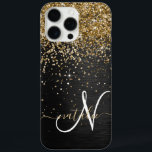 Custom Gold Glitter Black Sparkle Monogram iPhone 16 Pro Max Case<br><div class="desc">Easily personalize this trendy elegant phone case design featuring pretty gold sparkling glitter on a black brushed metallic background.</div>
