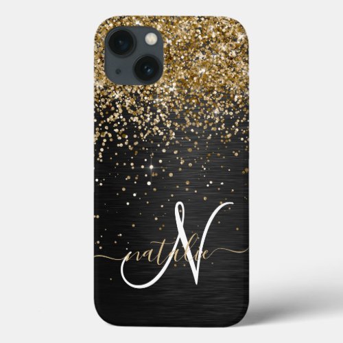 Custom Gold Glitter Black Sparkle Monogram iPhone 13 Case